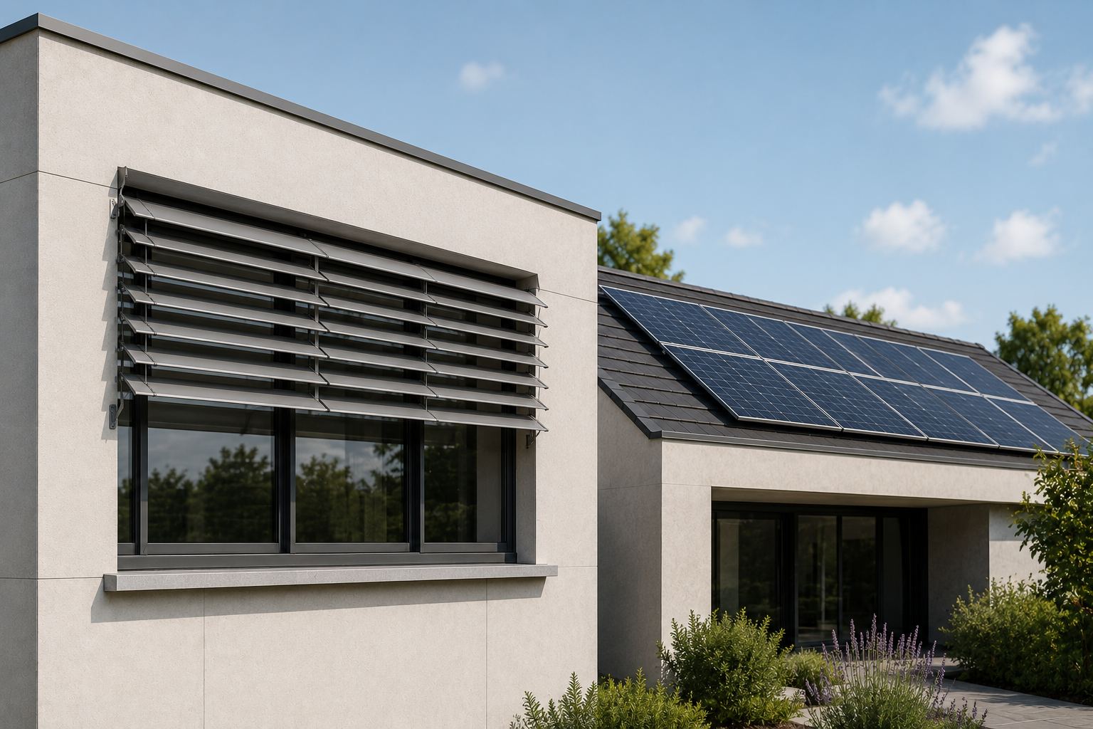 Vivienda con paneles solares en cubierta y lamas convencionales en fachada, dos sistemas separados